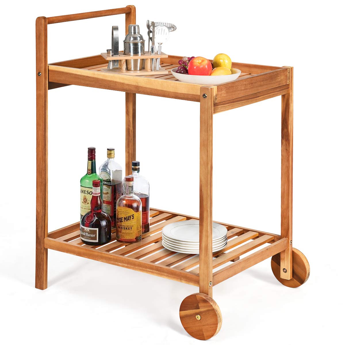 Tangkula Outdoor Acacia Wood Serving Cart, Patio Bar Cart Rolling Trolley Cart with 2 Trays, Portable Kitchen Serving Cart w/Wheels