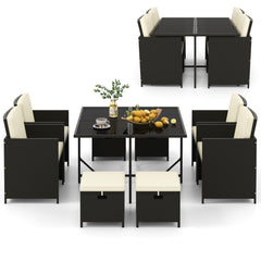 Tangkula 9 Pieces Outdoor Dining Furniture Set, Space-Saving Wicker Rattan Chairs & Tempered Glass Table with Ottomans