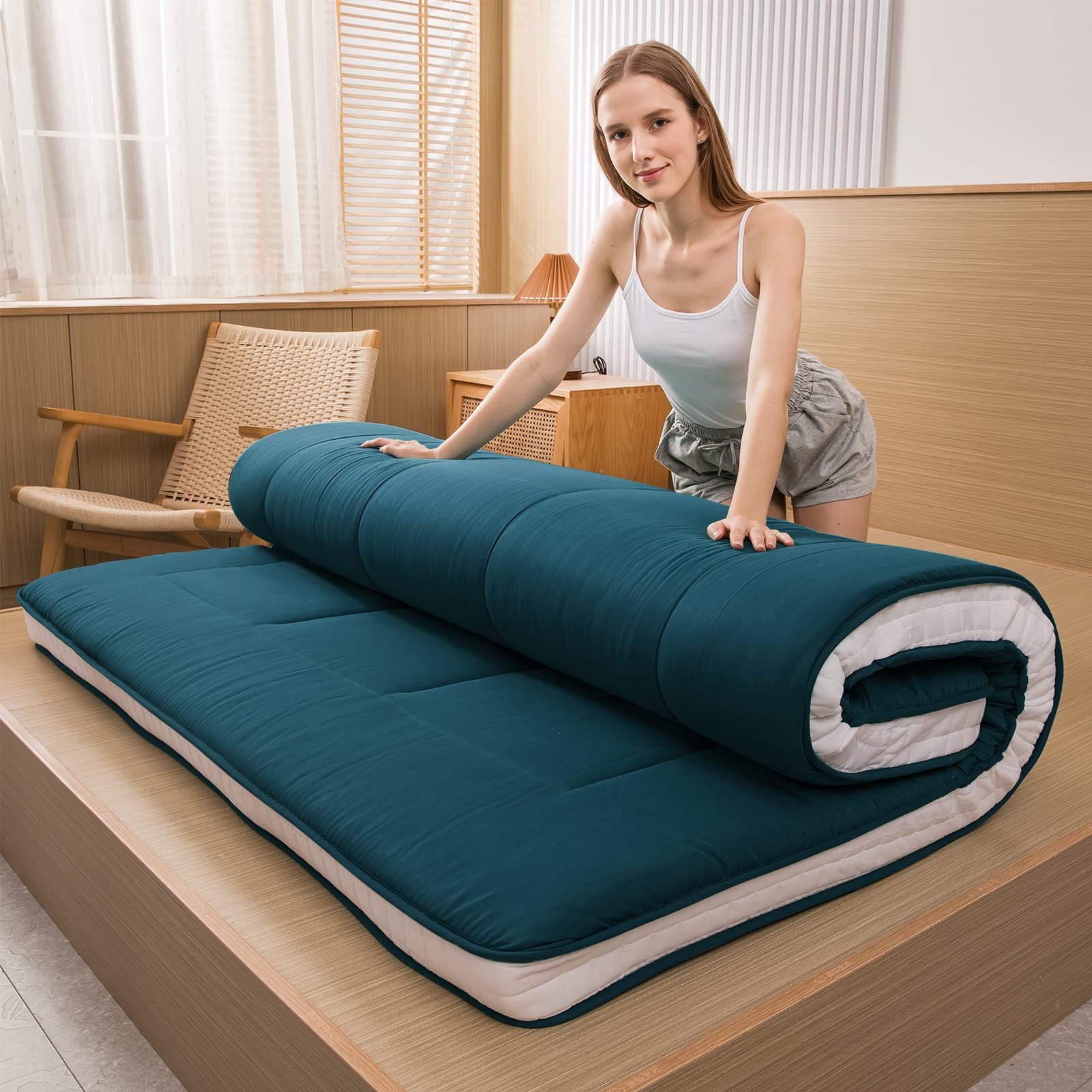 MAXYOYO Futon Mattress, Padded Japanese Floor Mattress Quilted Bed Mattress Topper, Bluestone