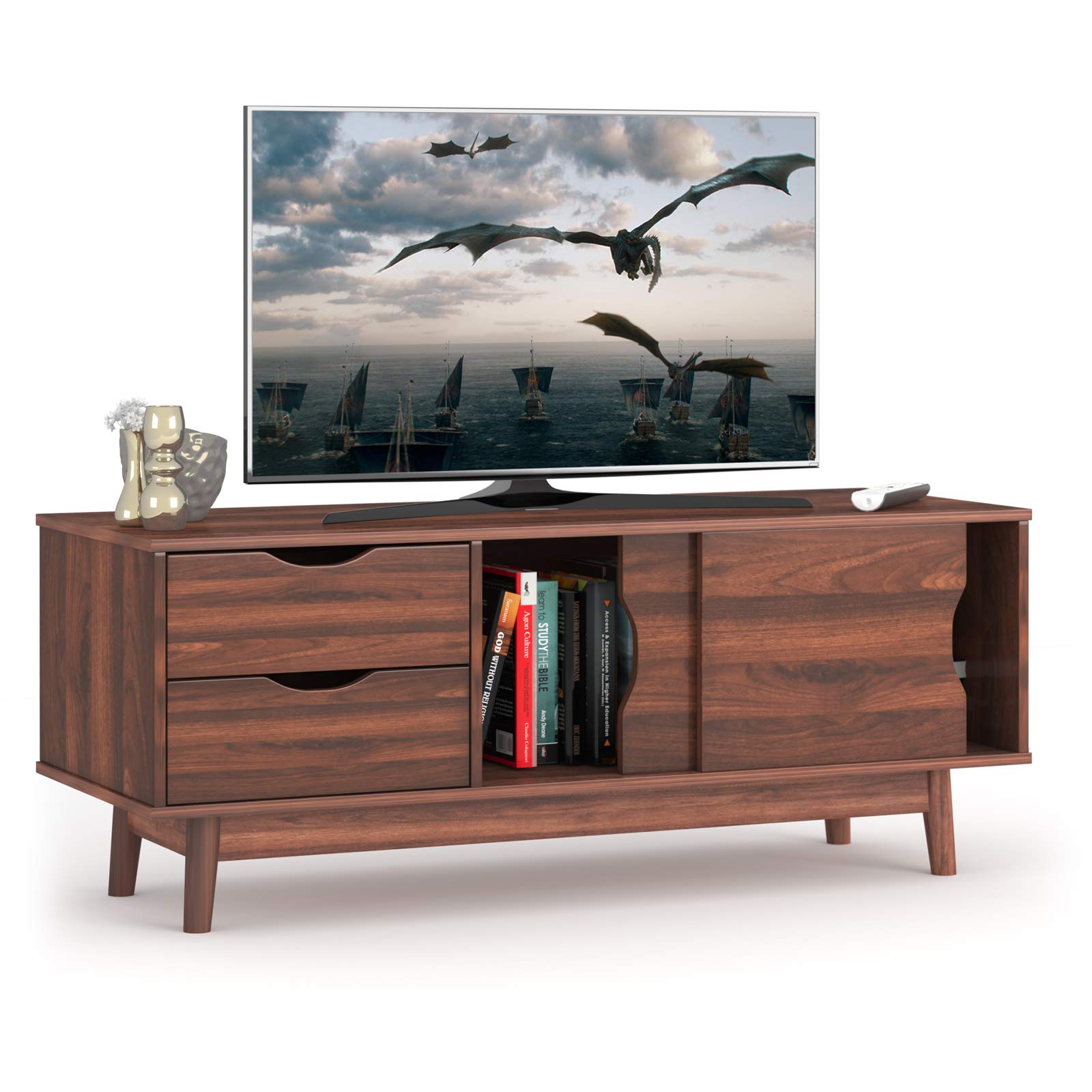 Tangkula Modern TV Stand for Flat TVs Up to 60 Inches, Wood TV Console Table w/ 2 Drawers & 2 Sliding Doors