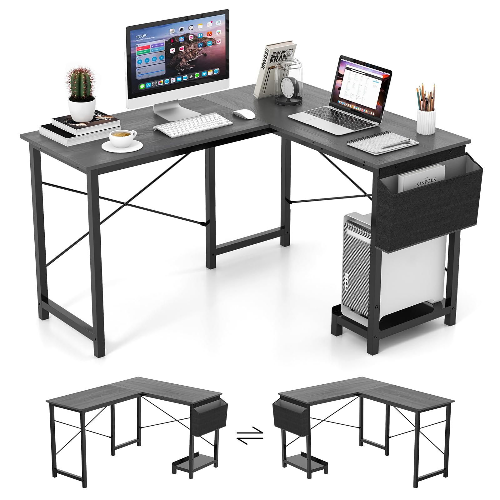 Tangkula L-Shaped Office Desk, Modern Reversible Computer Desk with Storage Pocket & CPU Stand (Dark Gray)