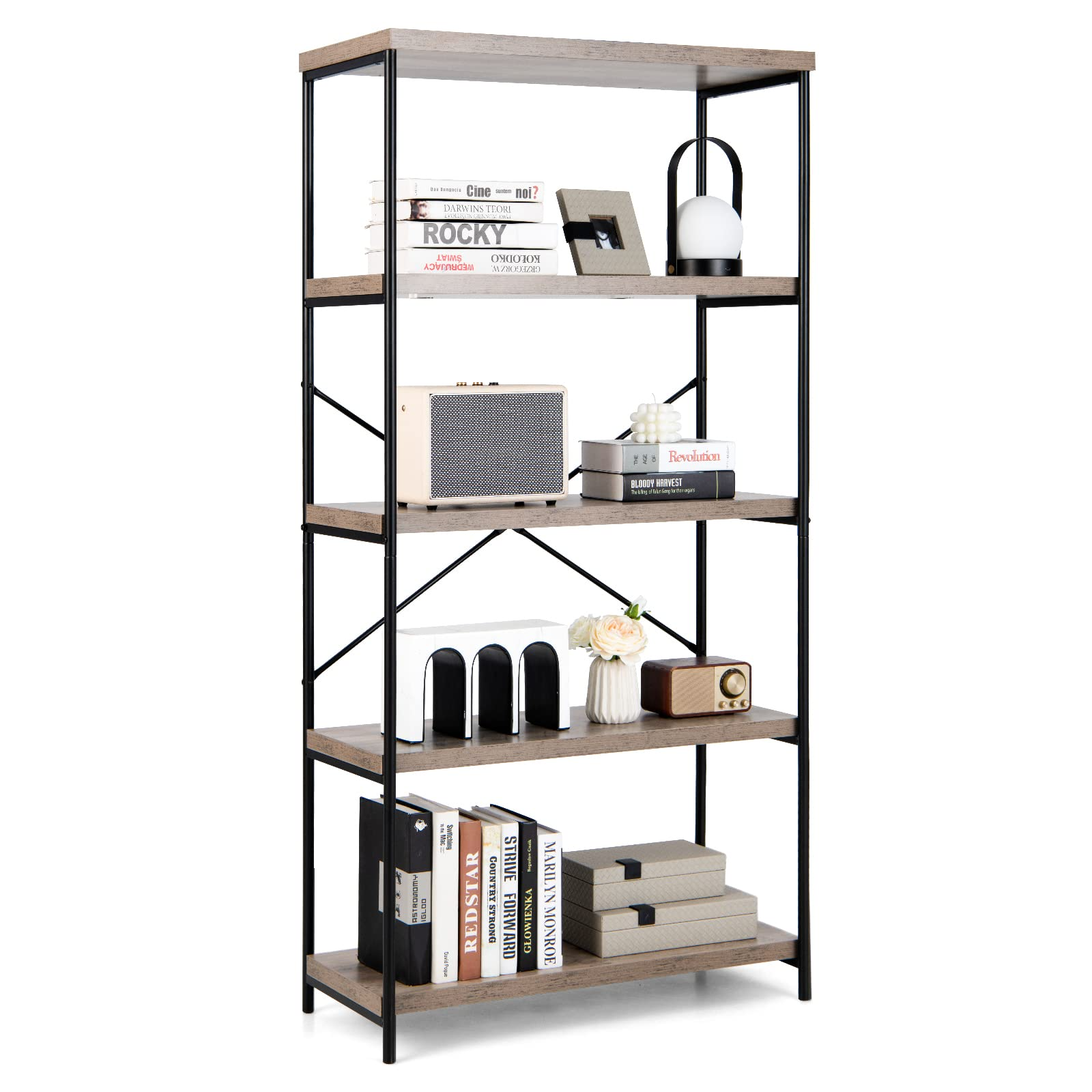 Tangkula 5-Tier Bookcase, Rustic Industrial Bookshelf