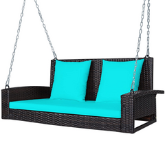 Tangkula 2-Person Wicker Hanging Porch Swing, Patiojoy Outdoor Rattan Swing Bench W/ 2 Back Cushions & 1 Seat Cushion, Sturdy Steel Chain