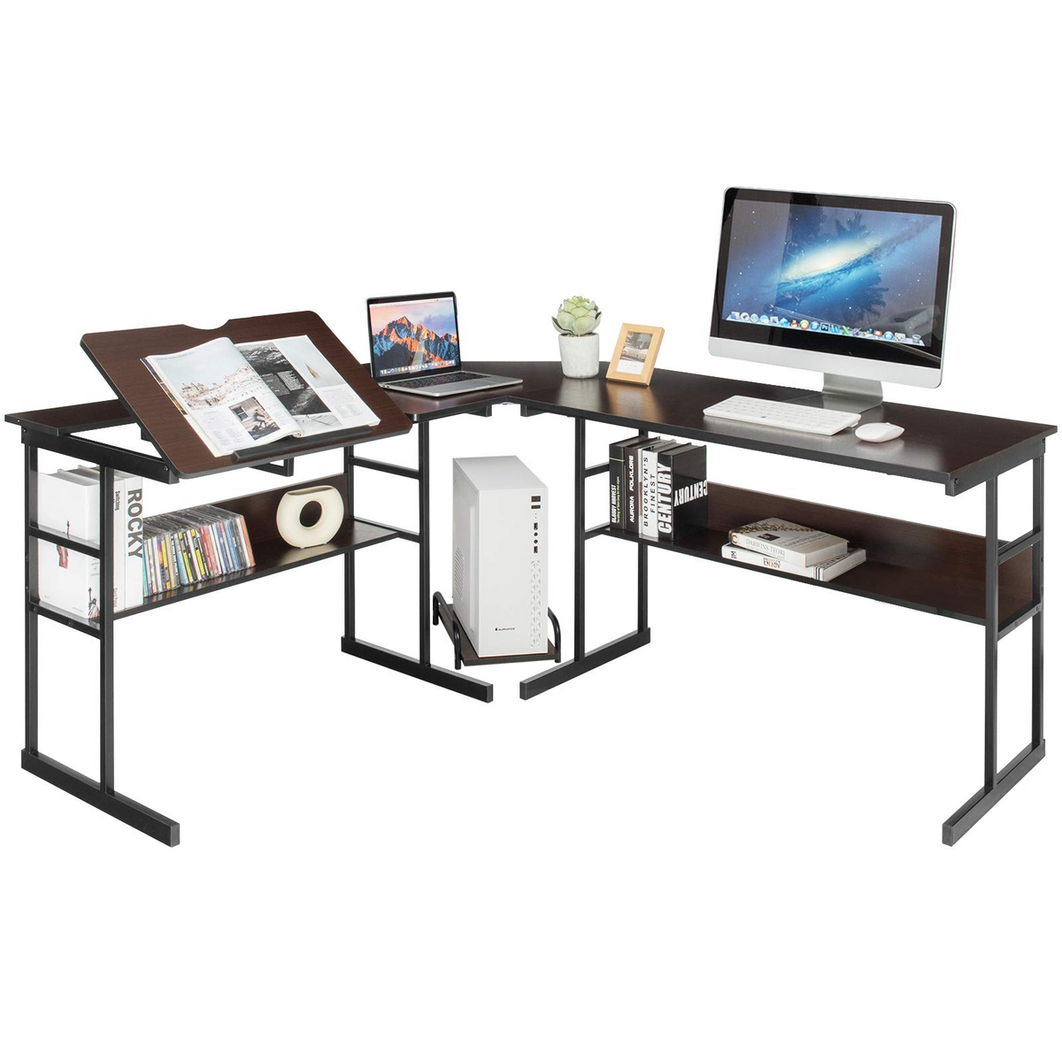 Tangkula 67 inches L-Shaped Desk, Corner Computer Desk with Bottom Bookshelves & CPU Stand