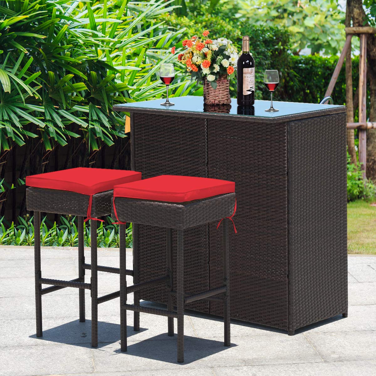 Patio Bar Set, 3 Piece Outdoor Rattan Wicker Bar Set with 2 Cushions Stools & Glass Top Table