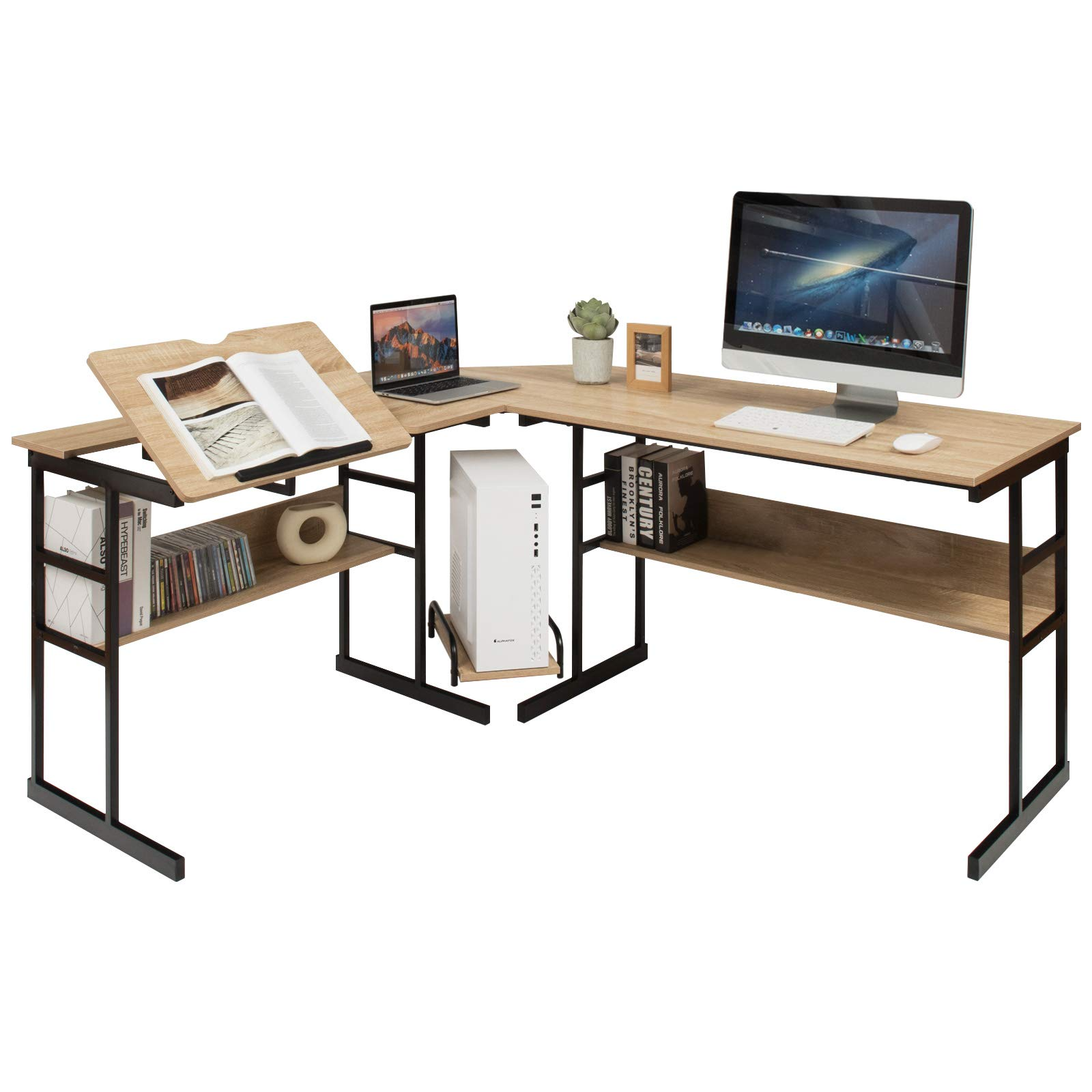 Tangkula 67 inches L-Shaped Desk, Corner Computer Desk with Bottom Bookshelves & CPU Stand