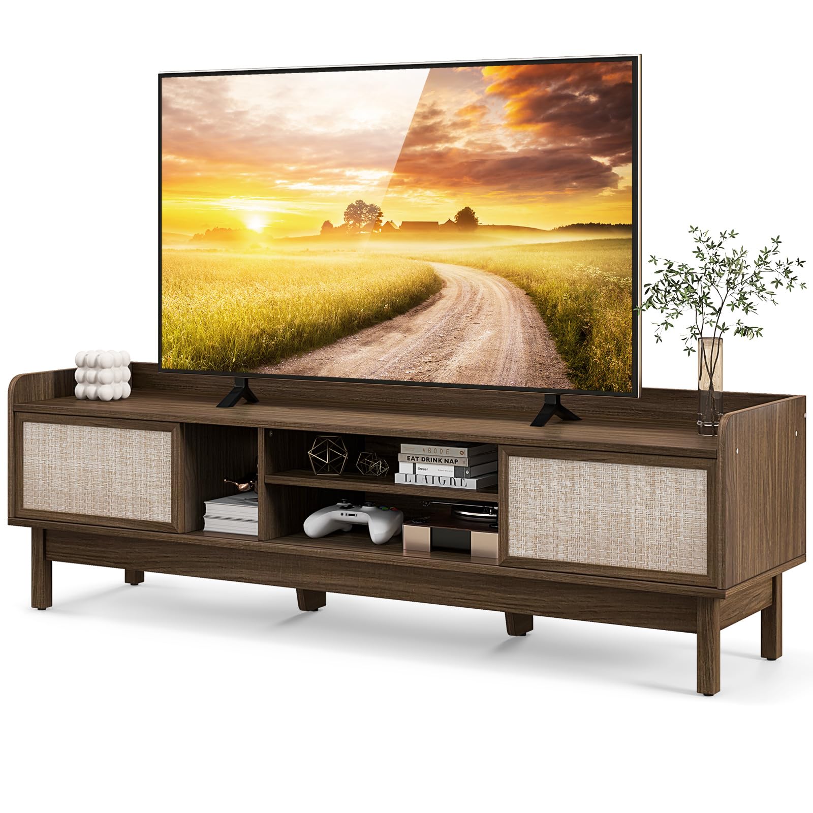 Tangkula Farmhouse TV Stand for TVs up to 65”, Mid Century Modern TV Console Table w/Storage (Walnut, 59”L, up to 65"TV)