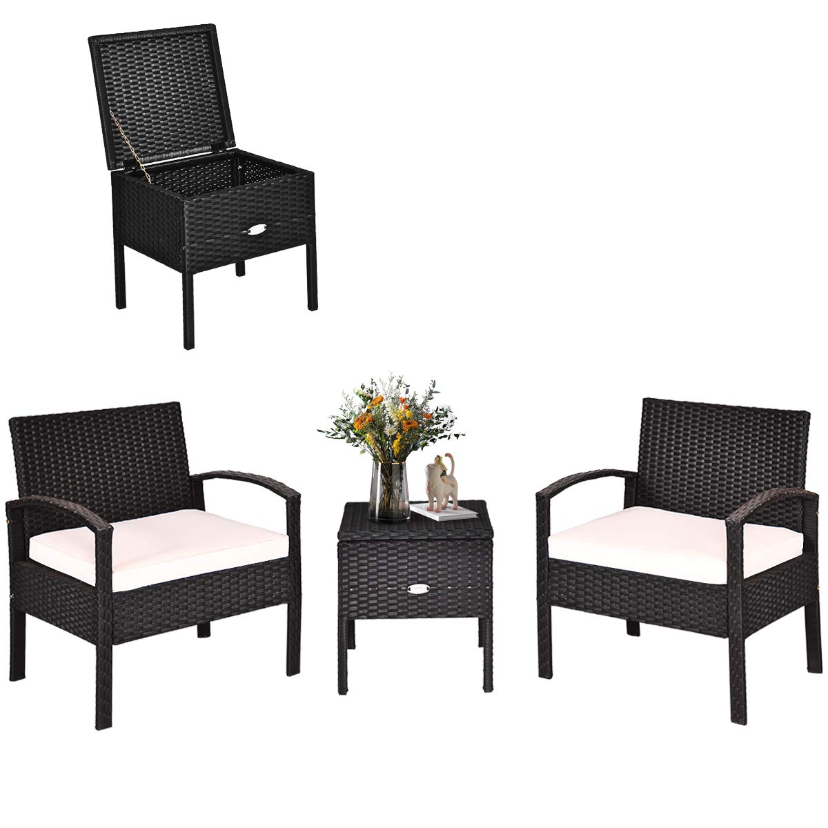 3 Pieces Patio Wicker Conversation Set, Outdoor Rattan Furniture with Washable Thick Cushion & Coffee Table