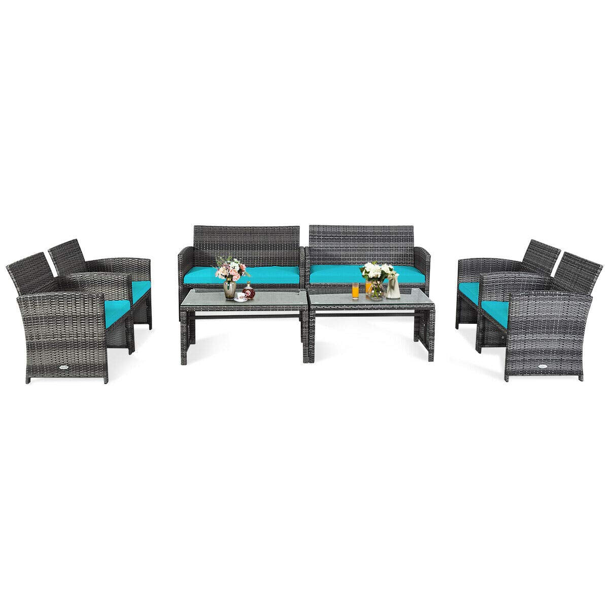 Tangkula 4 PCS Wicker Patio Conversation Set, Outdoor Rattan Sofas with Table Set