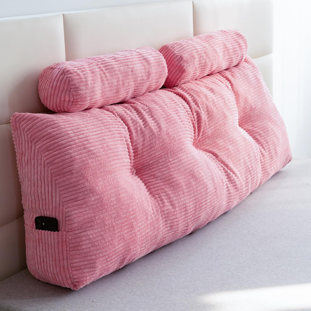 MAXYOYO Headboard Wedge Pillow with Free Cylindrical Pillow Bed Wedge Bolster, Pink