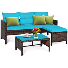 Tangkula Patio Corner Sofa Set 3 Piece, Outdoor Rattan Sofa Set