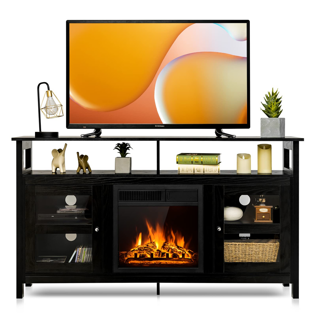 Tangkula Fireplace TV Stand, Farmhouse Media Console Table w/18 1500W Electric Fireplace for Flat Screen TVs up to 65"