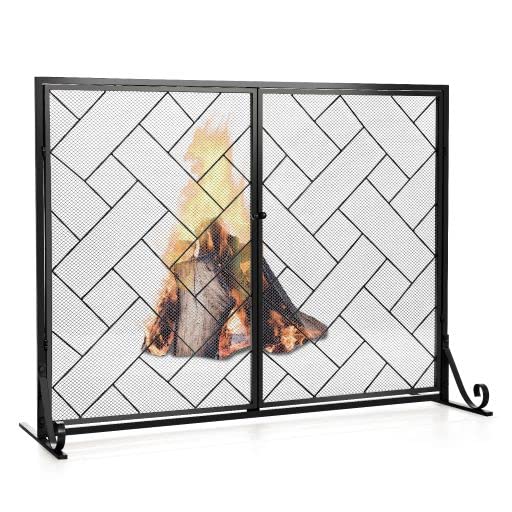 44.5 x 33.5 Inch Double-Door Fireplace Screen, 2-Panel Large Flat Wrought Metal Fire Spark Guard Gate Cover for Home