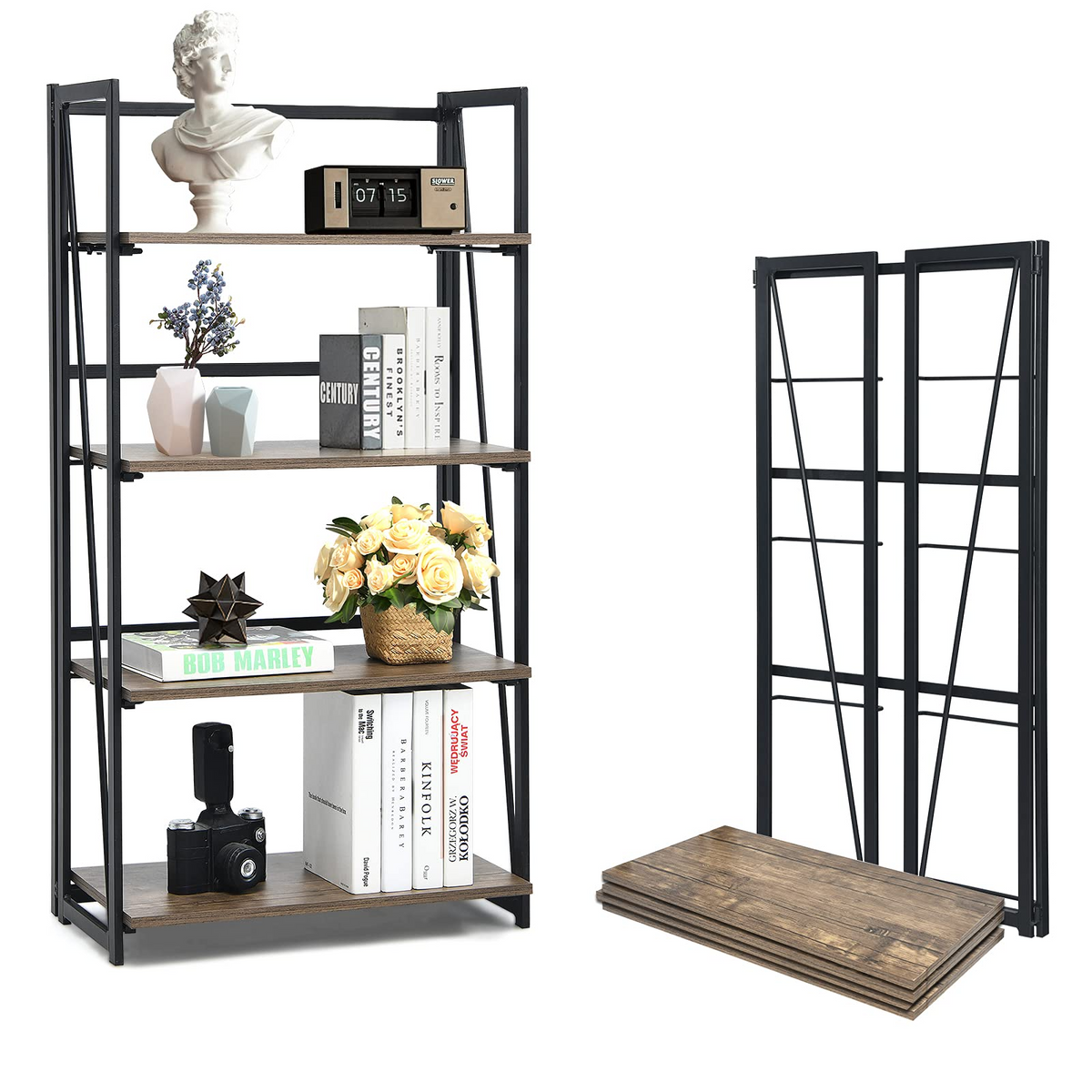 Tangkula 4-Tier Folding Bookshelf, No-Assembly Industrial Bookcase with Sturdy Iron Frame