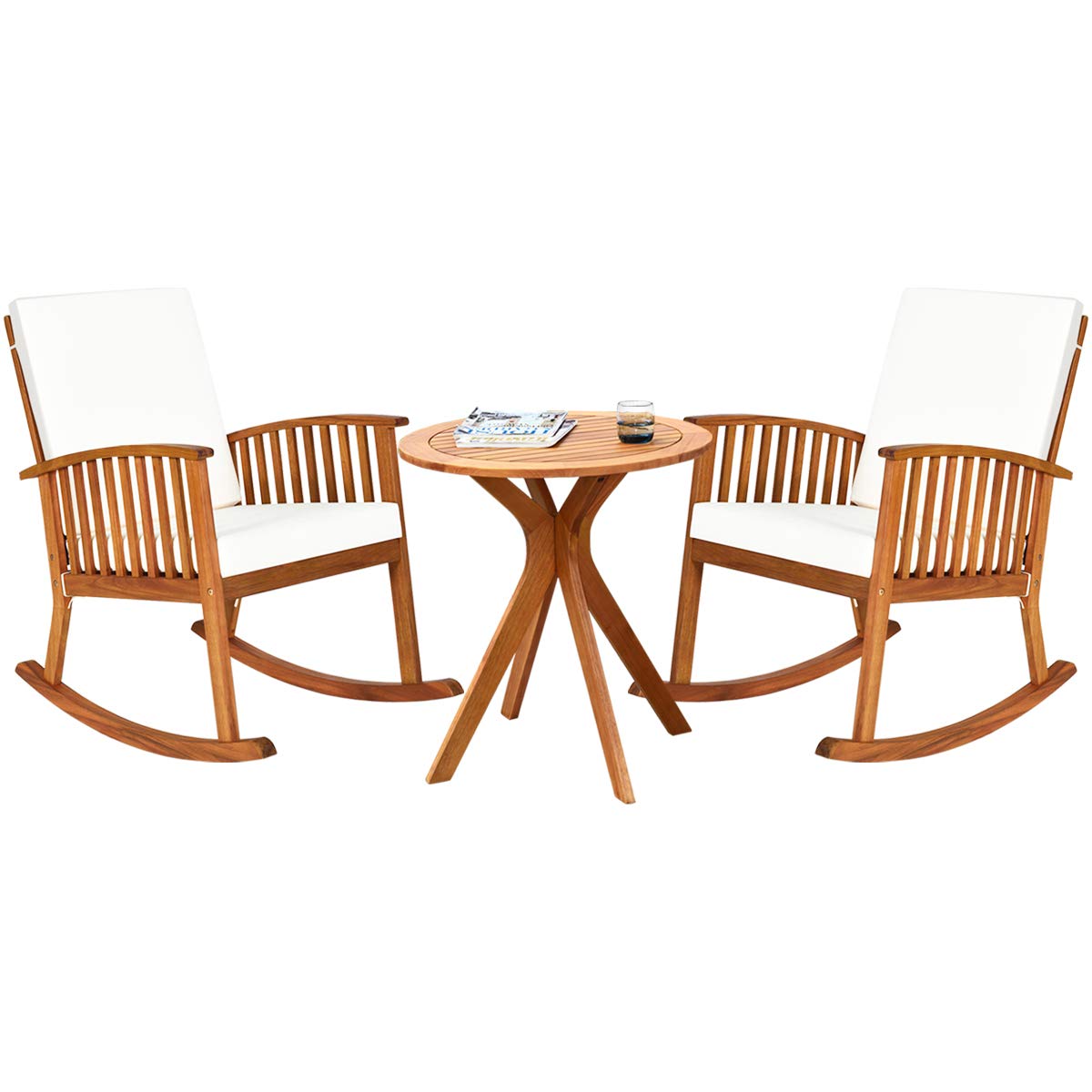 Tangkula 3 Piece Wood Patio Rocking Chair Set, Outdoor Acacia Wood Rocker Set with Round Table