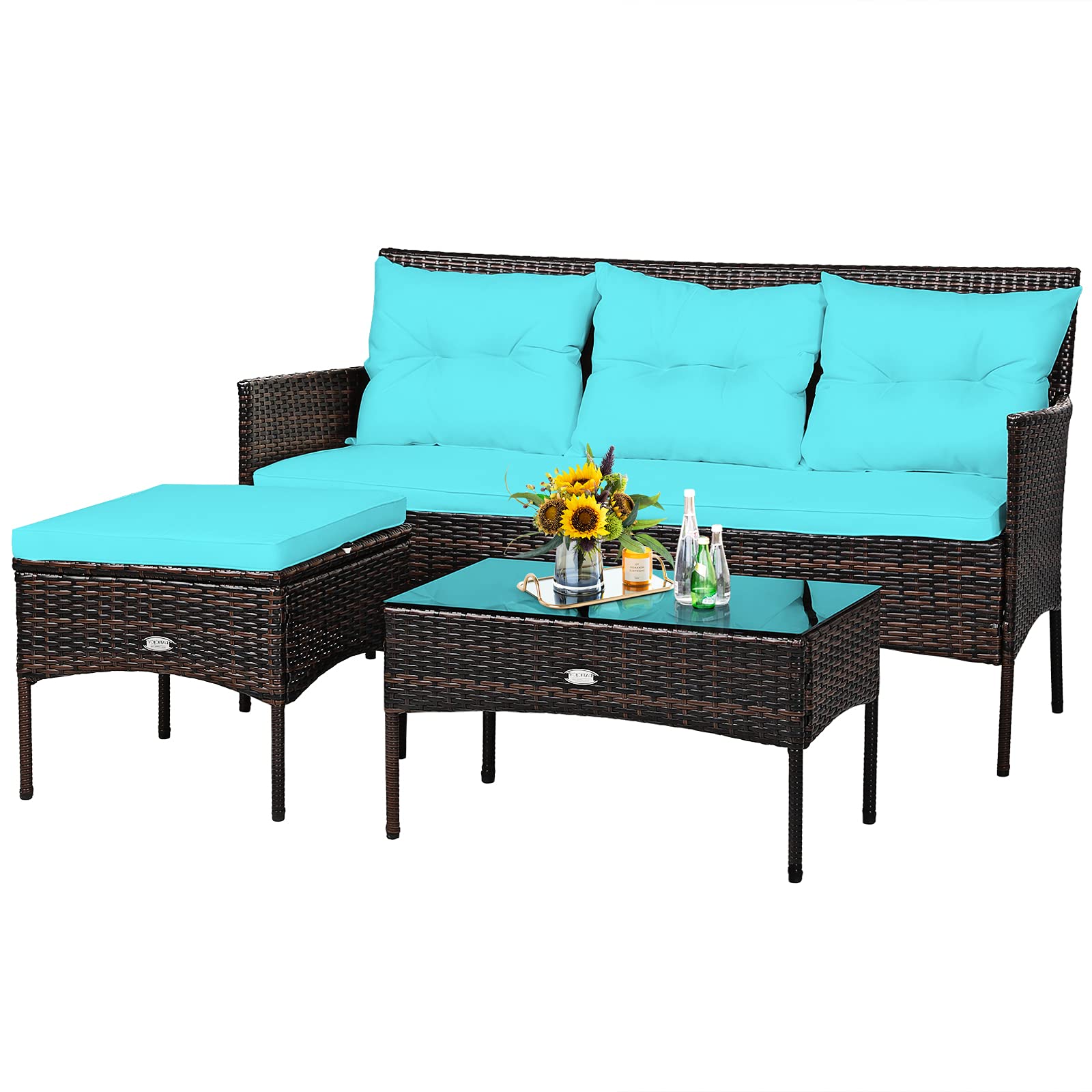 3 Pieces Patio Conversation Set, Outdoor PE Rattan Wicker Furniture Set