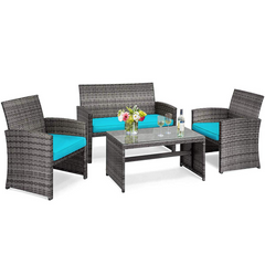 Tangkula 4 PCS Wicker Patio Conversation Set, Outdoor Rattan Sofas with Table Set