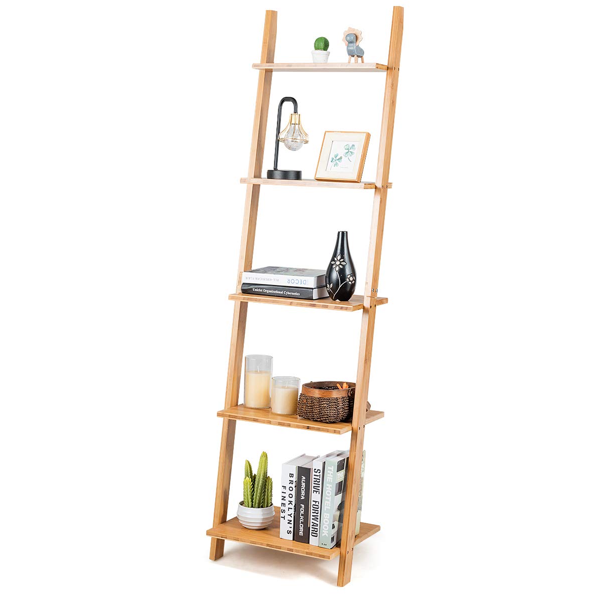 Tangkula Bamboo 5-Tier Ladder Shelf Bookshelf, Wall-Leaning Bookshelf