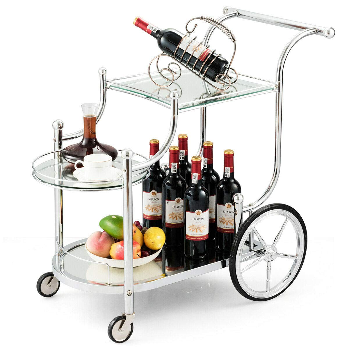 Tangkula Rolling Bar Cart, Metal Serving Cart with Tempered Glass, 3-Tier Glass Bar and Serving Cart