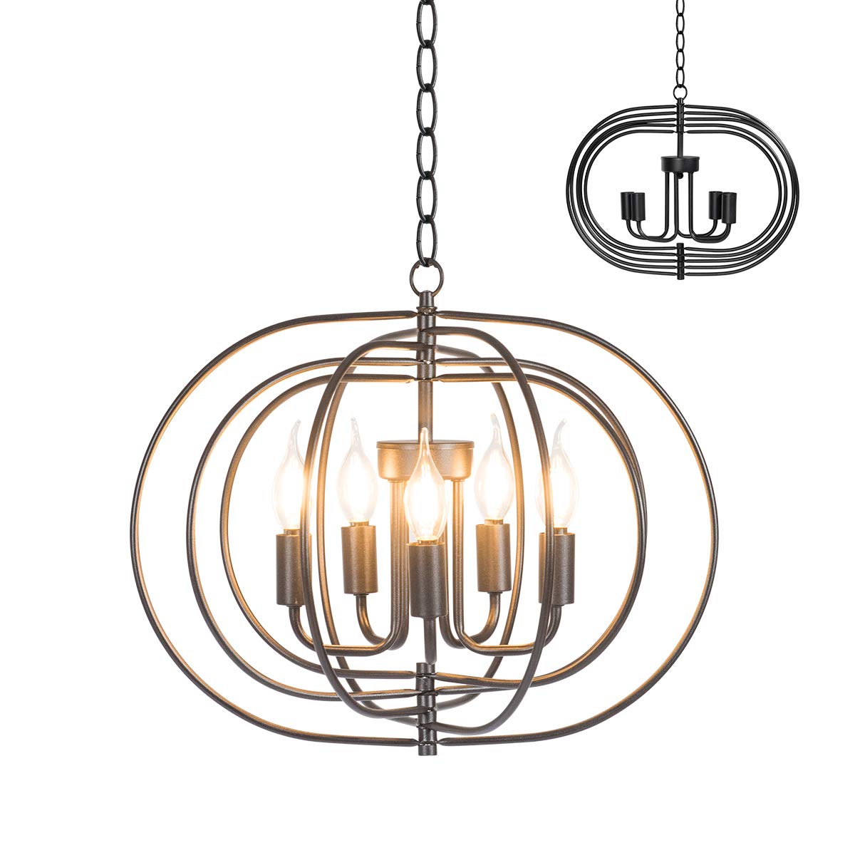 Tangkula Folding Rotatable Chandelier, 5 Lights Metal Ceiling Lamp with 39.5' Iron Chain (Black)