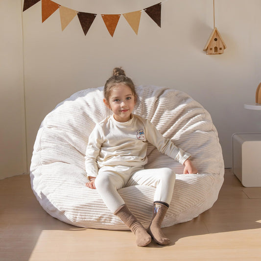 MAXYOYO 3-in-1 Kids Convertible Bean Bag Chair & Bed, Corduroy Round Child Floor Sofa for Gaming, Reading, Beige
