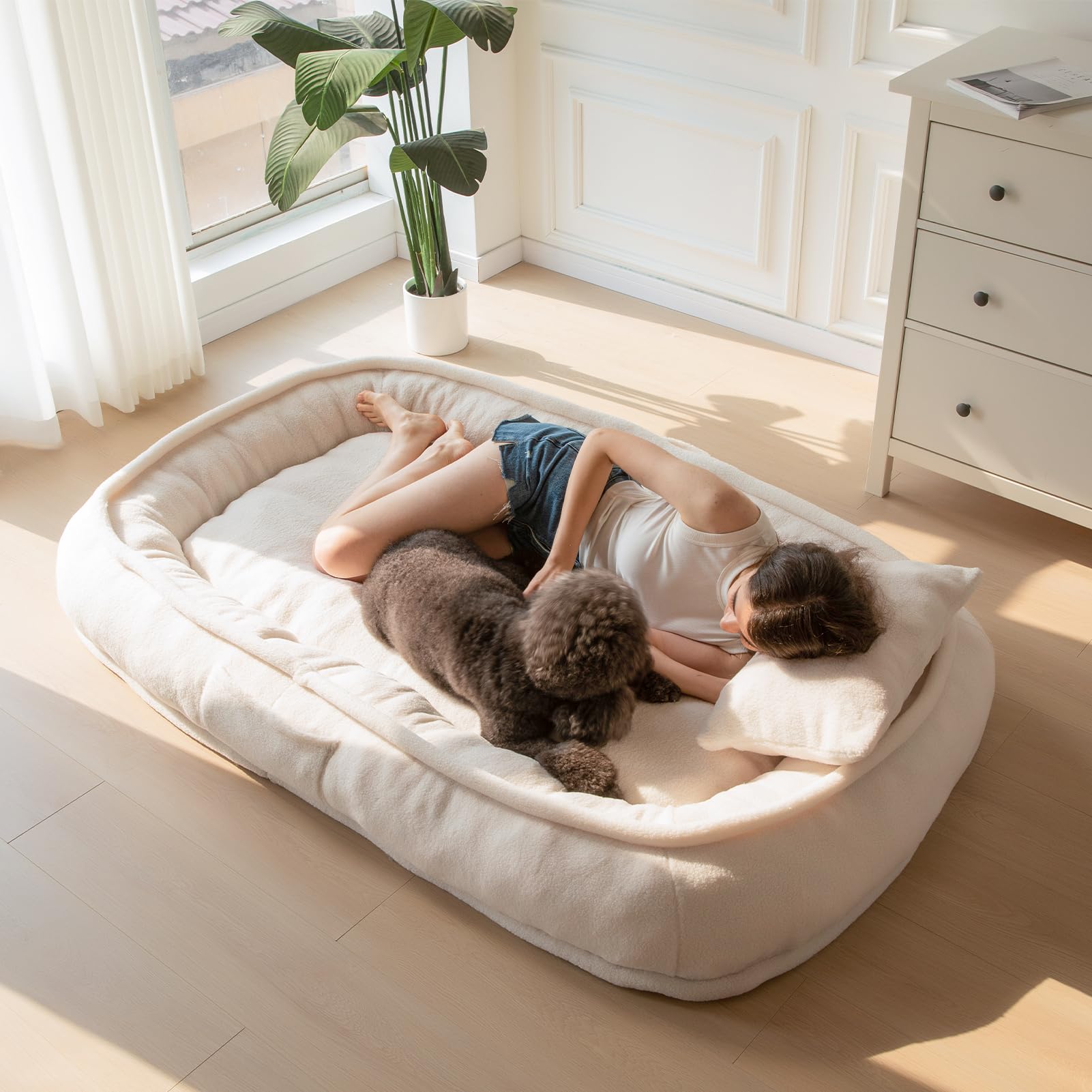 MAXYOYO Human Dog Bed with Pillow, Giant Bean Bag Bed for Adults, Beige, 72.8"x45.3"x12"