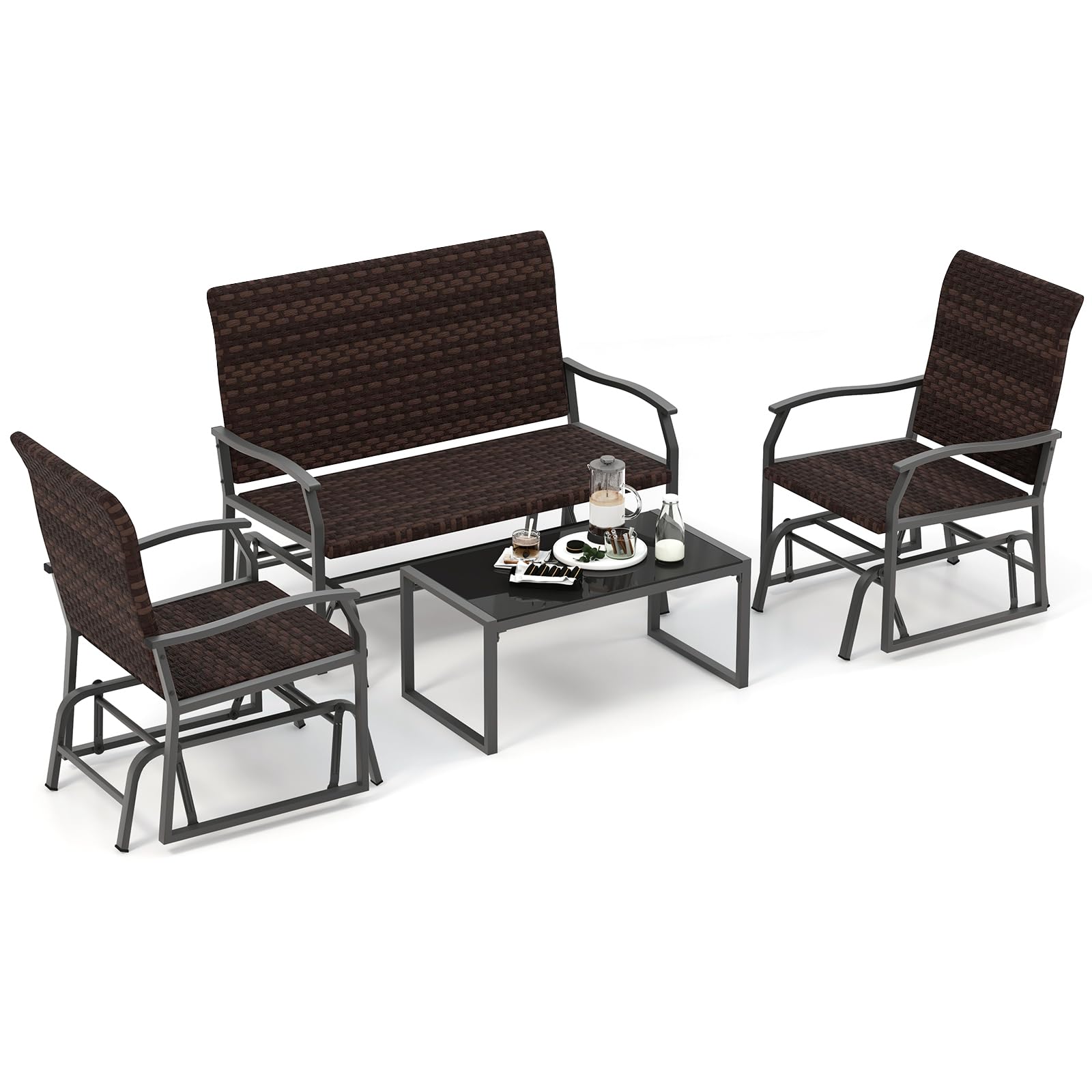 Tangkula 4 or 8 Pieces Patio Gliding Set, Wicker Swing Glider Furniture Set