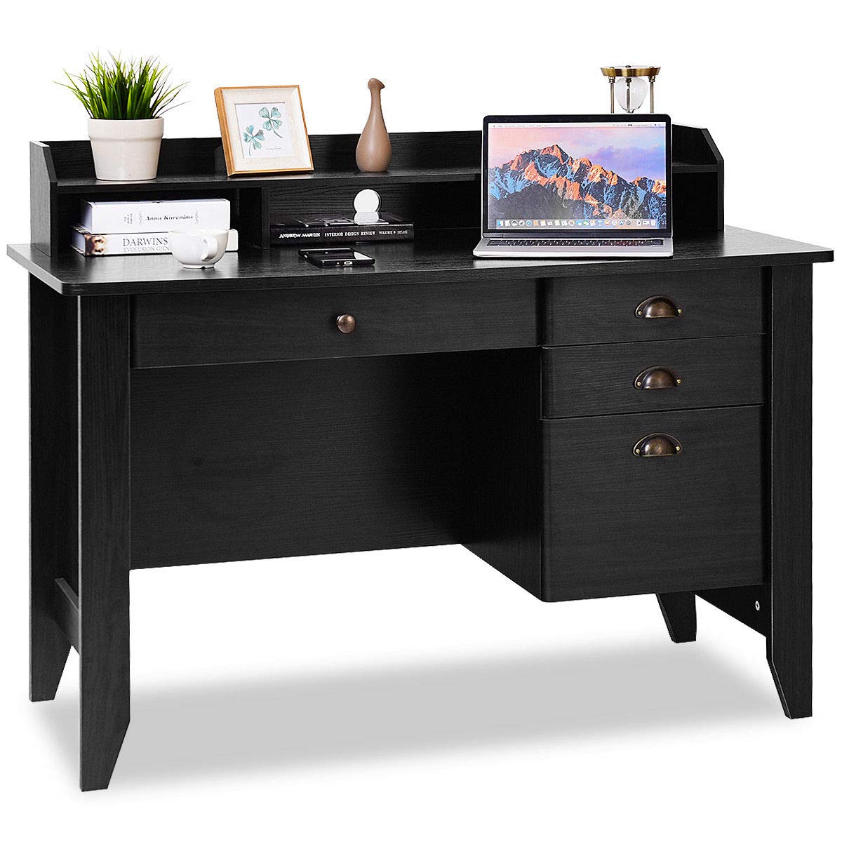 Tangkula White Computer Desk with 4 Storage Drawers & Hutch