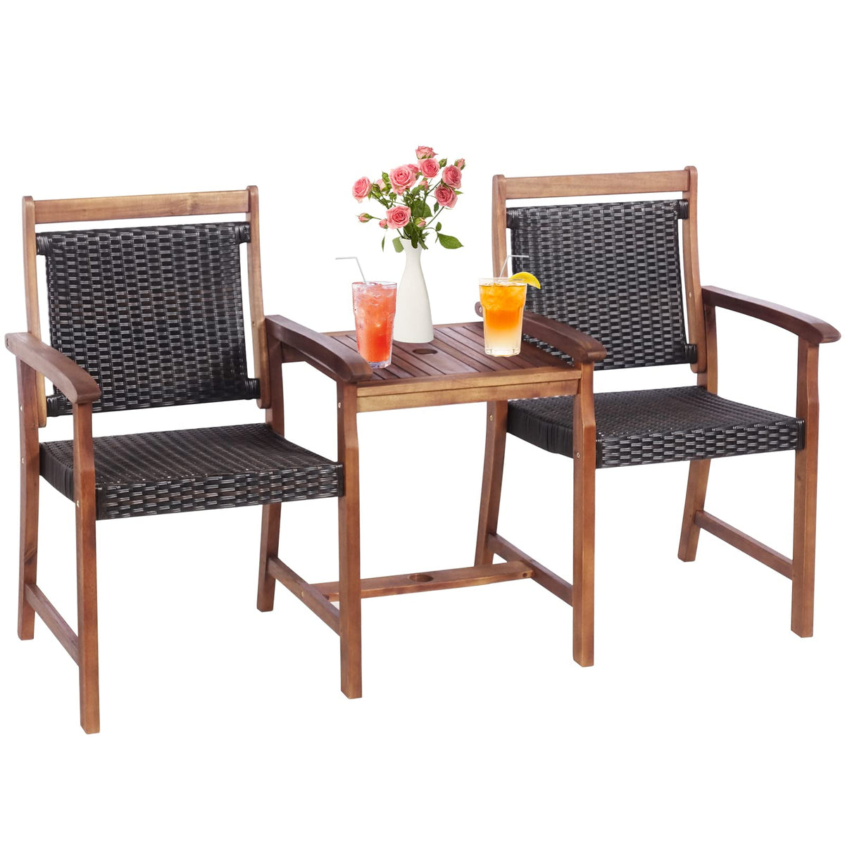 Acacia Wood Garden Bench, Patiojoy Rattan Companion Loveseat Chair with Coffee Table and Parasol Hole