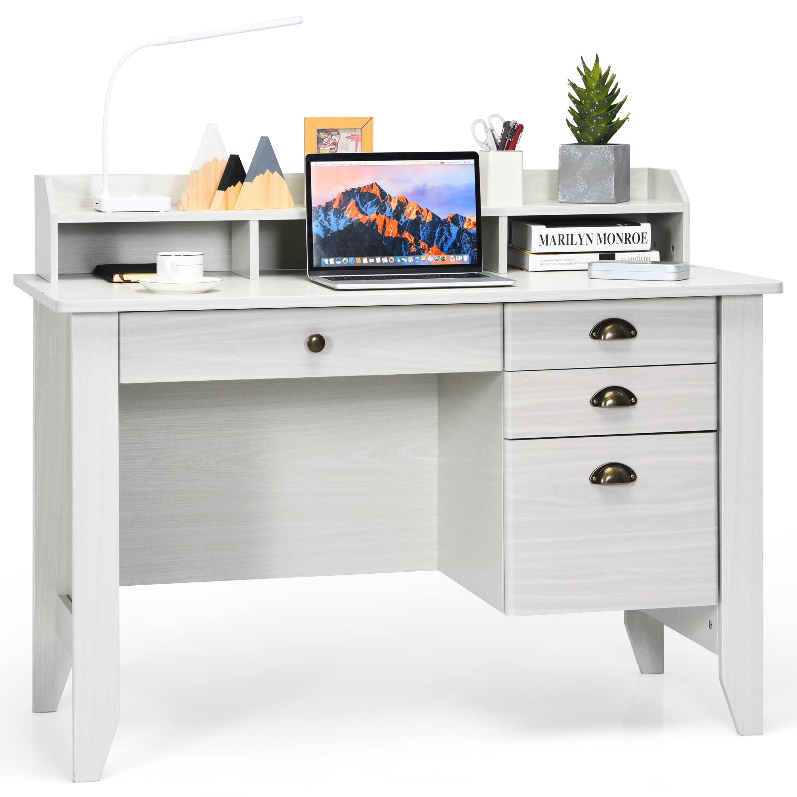 Tangkula White Computer Desk with 4 Storage Drawers & Hutch