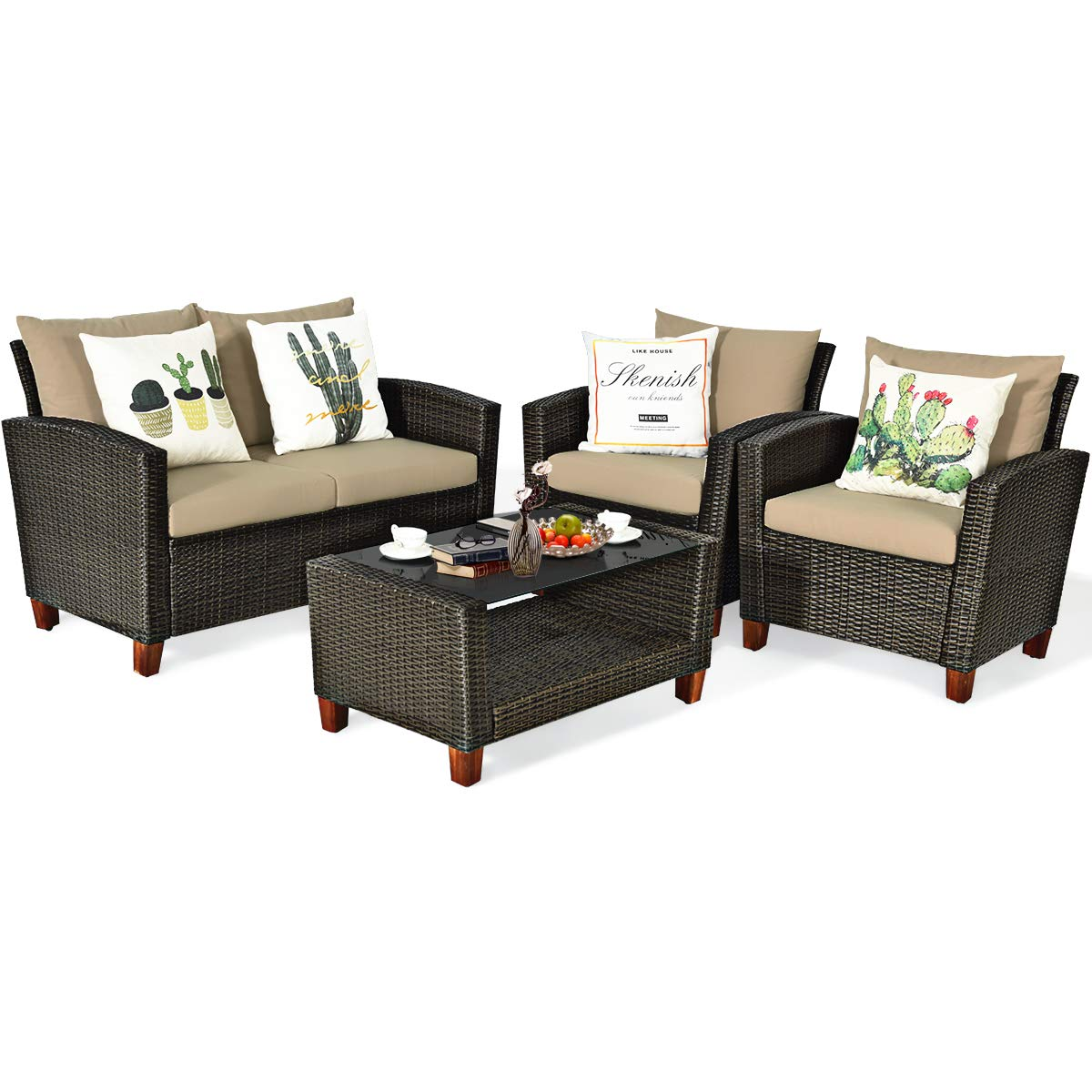 Tangkula 4-Piece Patio Rattan Furniture Set, Outdoor Wicker Conversation Set