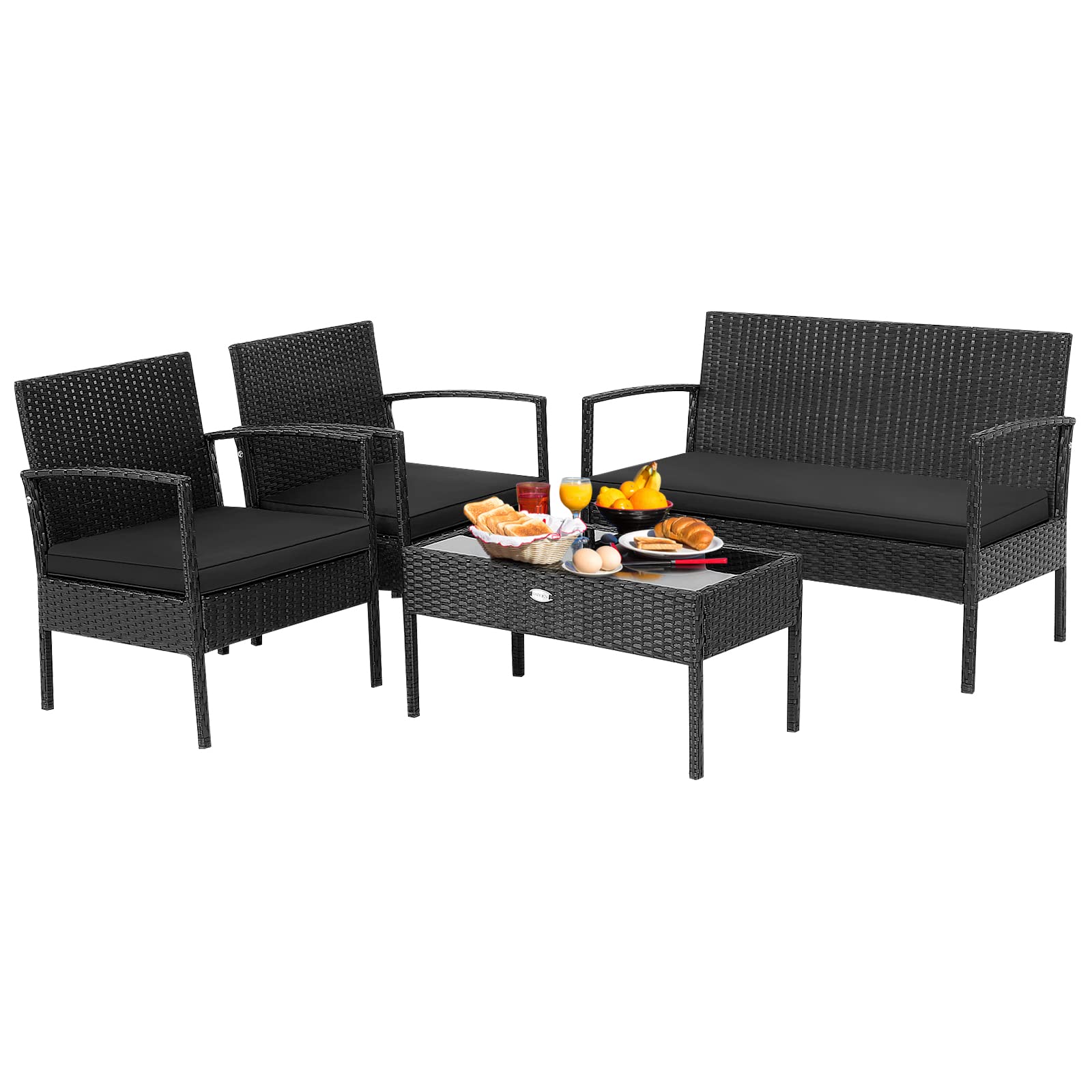 4 Piece Patio Rattan Conversation Set, Black