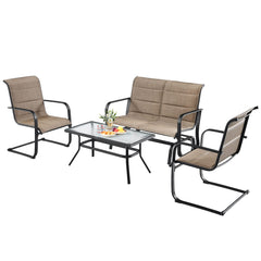 4 Pieces Outdoor Furniture Set, Coffee Table, 2-Person Swing Glider Loveseat and 2 Spring Motion Dining Chairs(Brown)