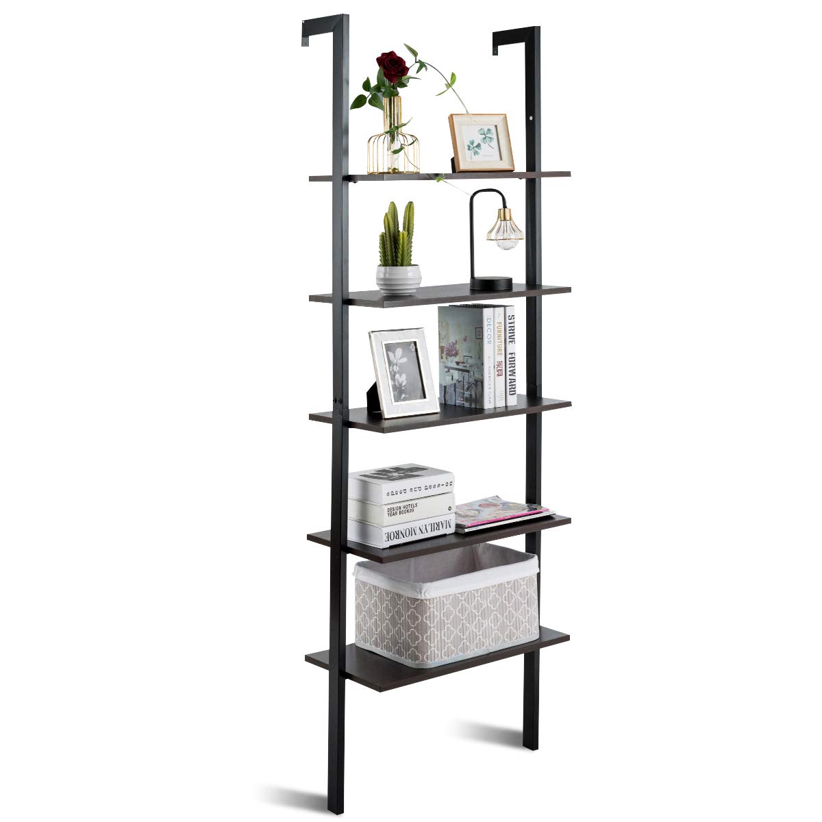 Tangkula Industrial Ladder Shelf Against The Wall, 5-Tier Wall Mount Ladder Bookshelf with Metal Frame