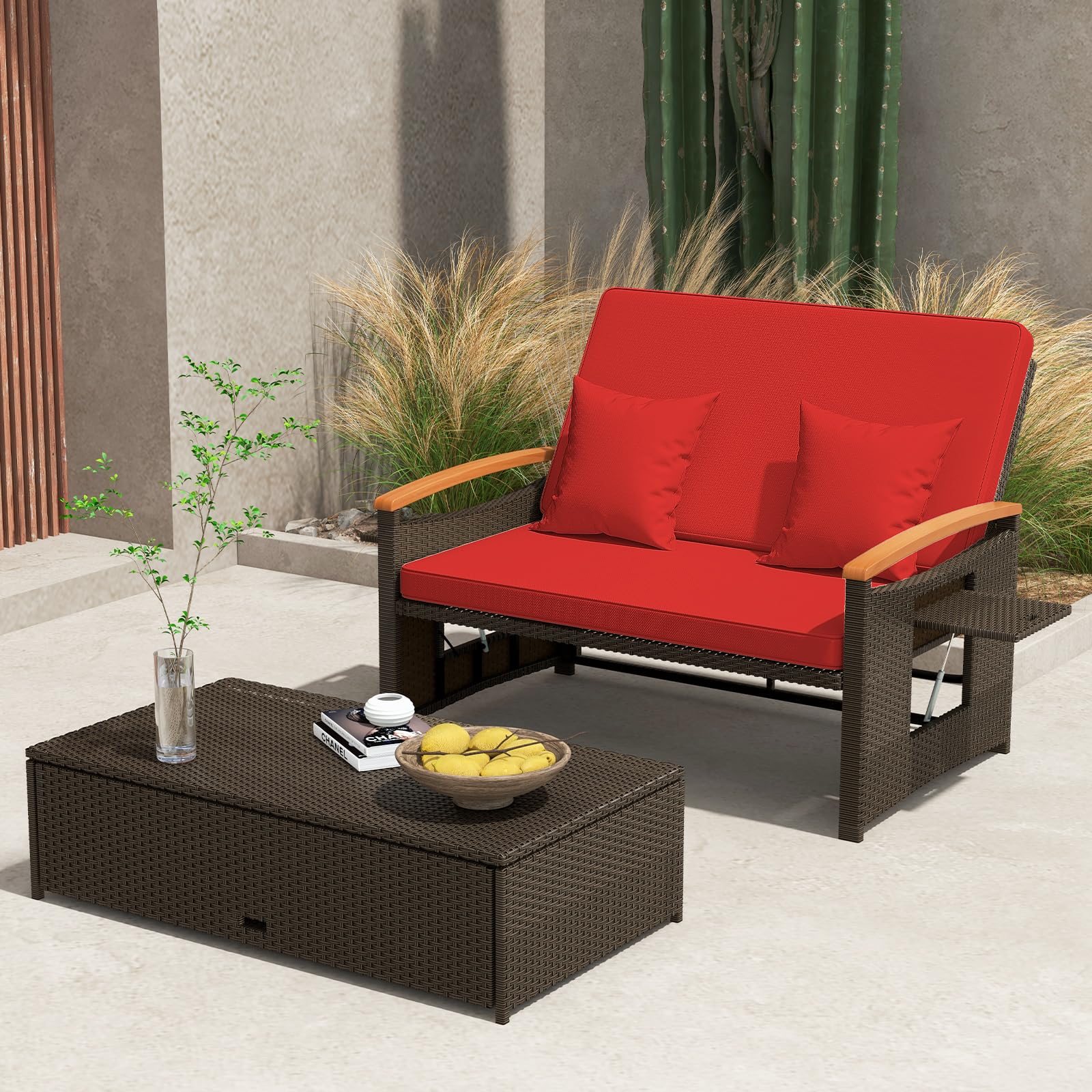 Tangkula Patio Rattan Daybed Set with Cushioned Loveseat and Storage Ottoman