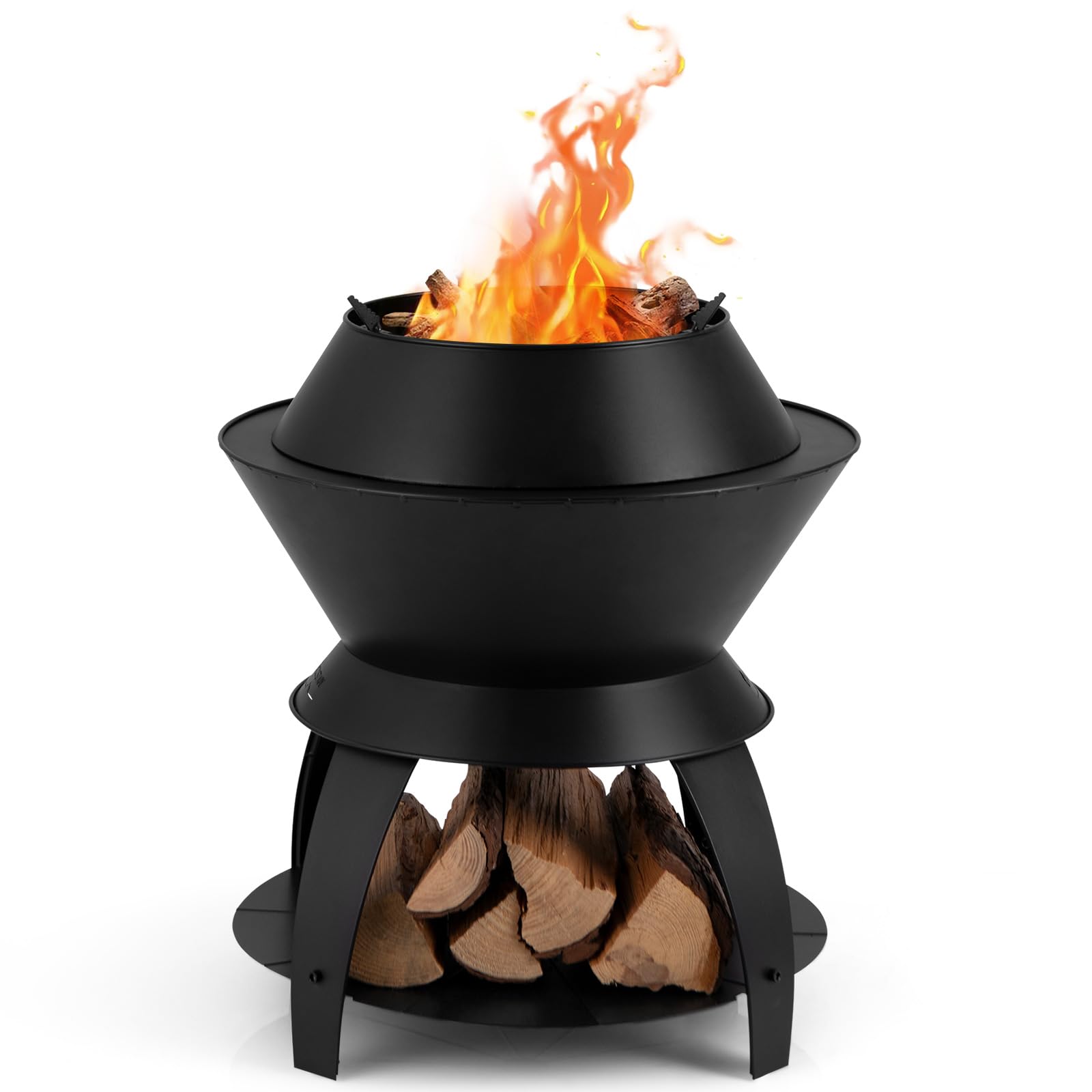 Tangkula Outdoor Fire Pit, 20 Inch Metal Fire Bowl with Pot Holder & Storage Shelf, Smokeless Oxygen-Enriched Burning