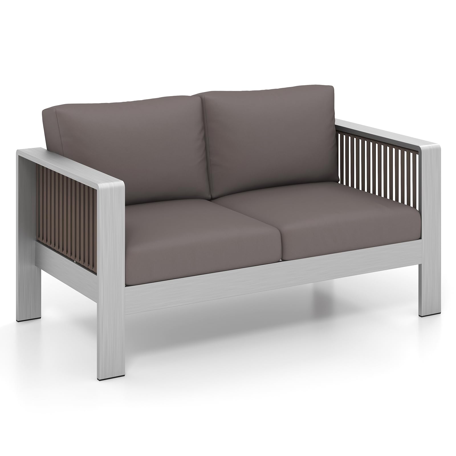 Tangkula Patio Aluminum Loveseat Sofa, Outdoor Furniture Set with Thick Back & Seat Cushions (Gray)