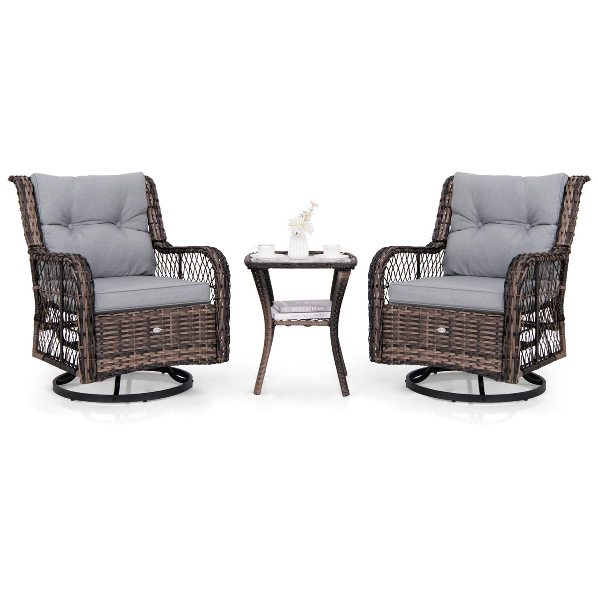 Tangkula 3 Pieces Outdoor Swivel Rocker Set, Rattan Wicker Patio Rocking Cushioned Chairs Set of 2 with Small Side Table