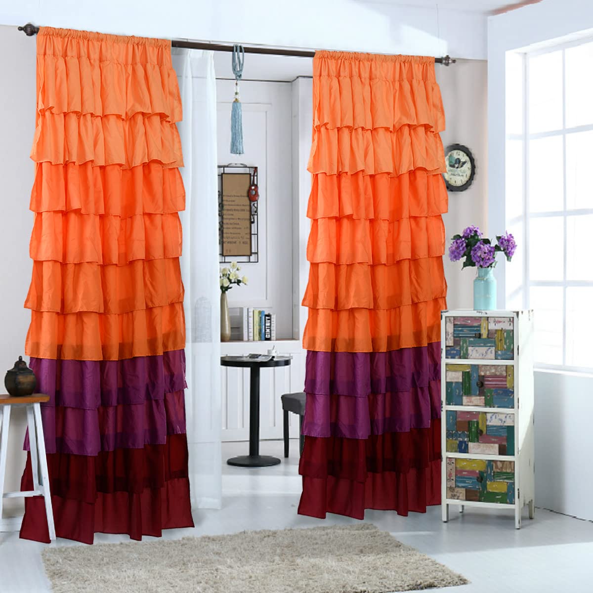 1 Pair Ruffle Sheer Curtains Window Panels Drapes 54'' x 84'' (Orange)