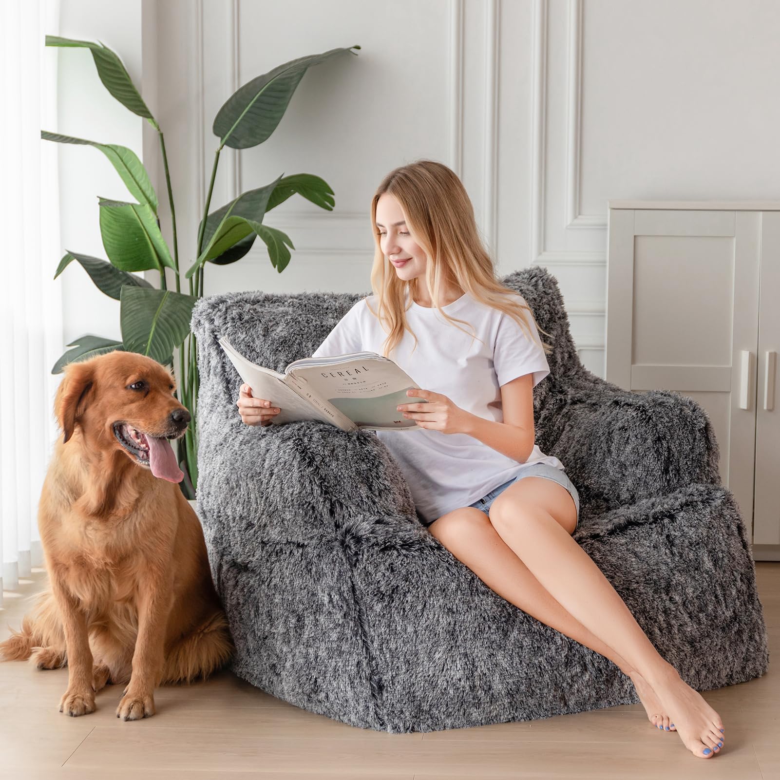 MAXYOYO Giant Bean Bag Chair, Faux Fur Stuffed Bean Bag Couch for Living Room, Black