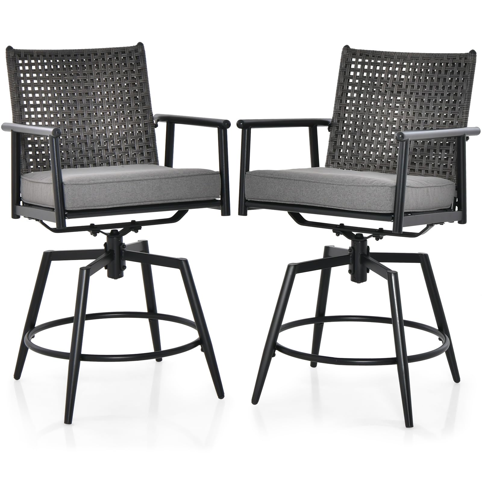 Tangkula Patio Swivel Bar Stools Set of 2, Outdoor Counter Height Bar Chairs with PE Rattan Back