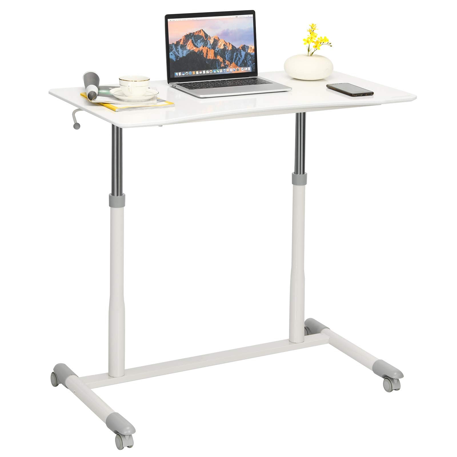 Tangkula Mobile Computer Desk with Steel Frame, Small Height Adjustable Rolling Compact Stand Up Desk on Wheels