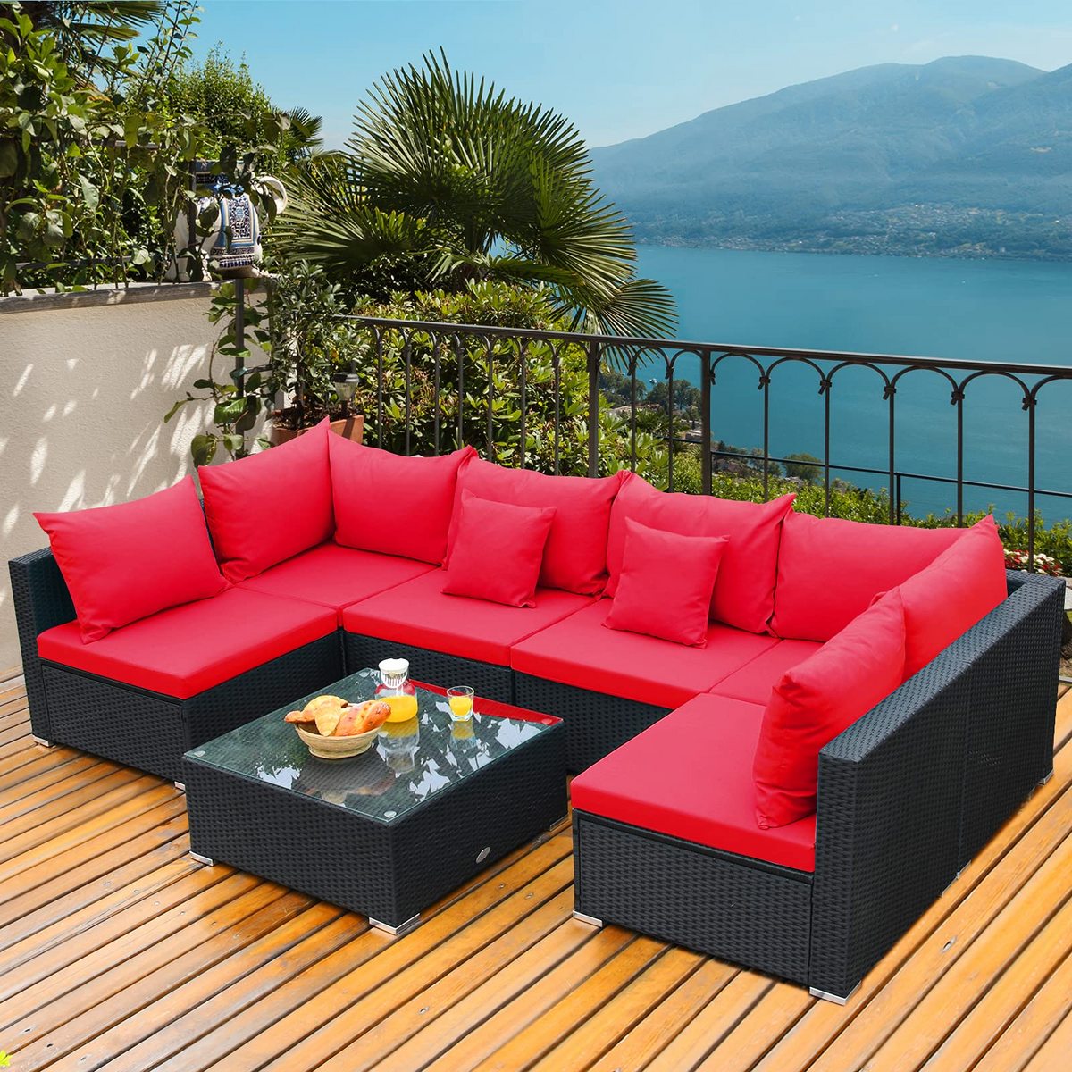 Tangkula 7 Piece Patio Furniture Set, Outdoor Sectional Sofa w/Pillows and Cushions