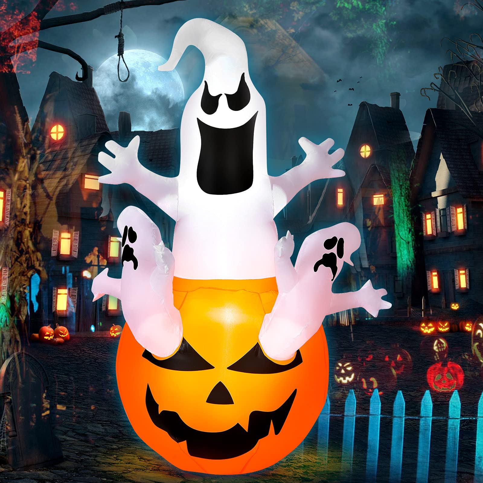 Tangkula 6ft Halloween Inflatables Ghost, Pumpkin-Halloween Blow Up Yard Decorations w/Build-in LED Light