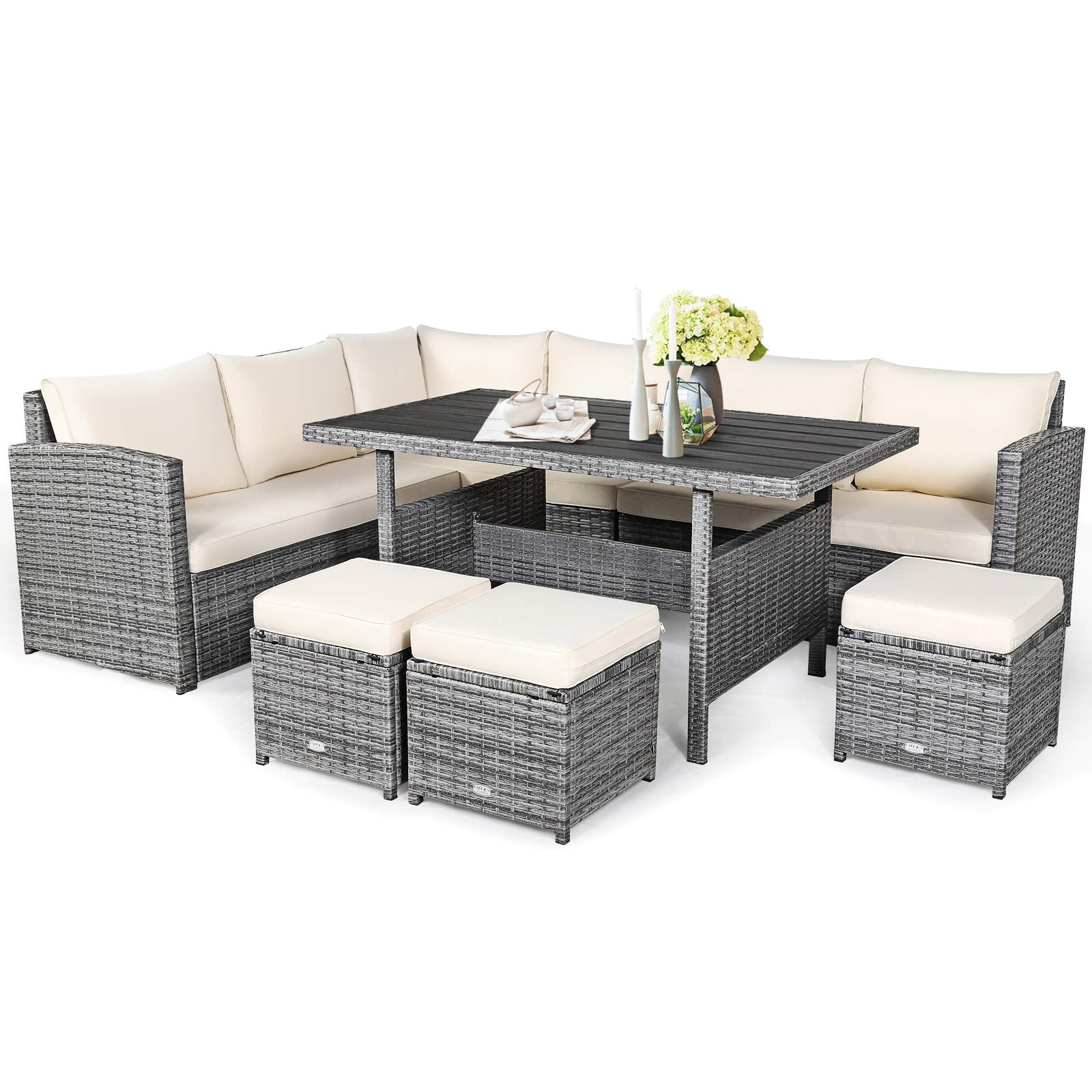 7 Pieces Patio Furniture Set, Outdoor Sectional Rattan Sofa Set with Cushions