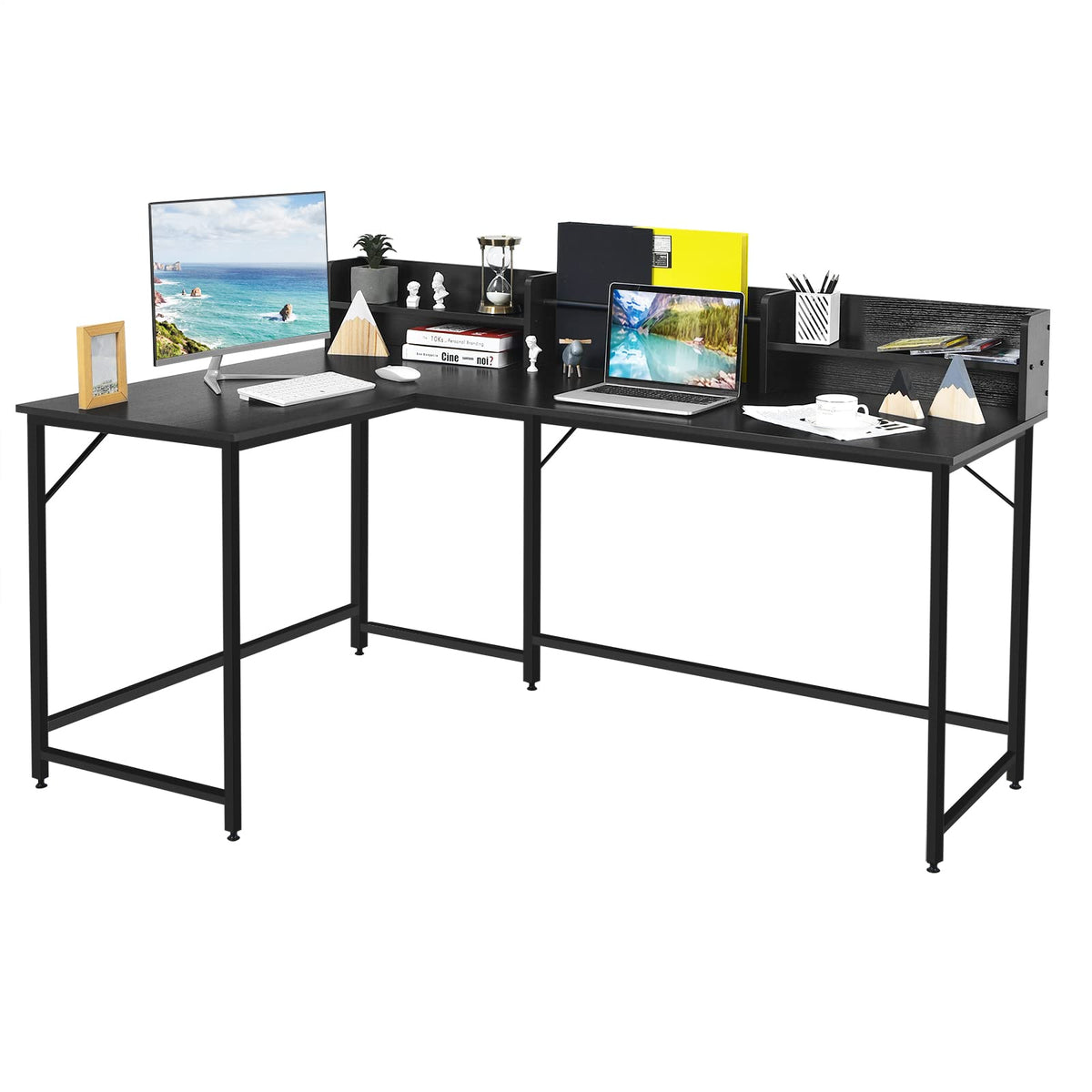 Tangkula 66.5 Inches L-Shaped Desk, Space Saving Corner Computer Desk with Hutch