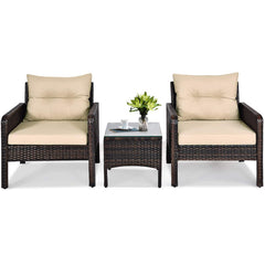 Tangkula 3 Piece Outdoor Patio Furniture Set, Wicker Chairs Set with Glass Top Coffee Table