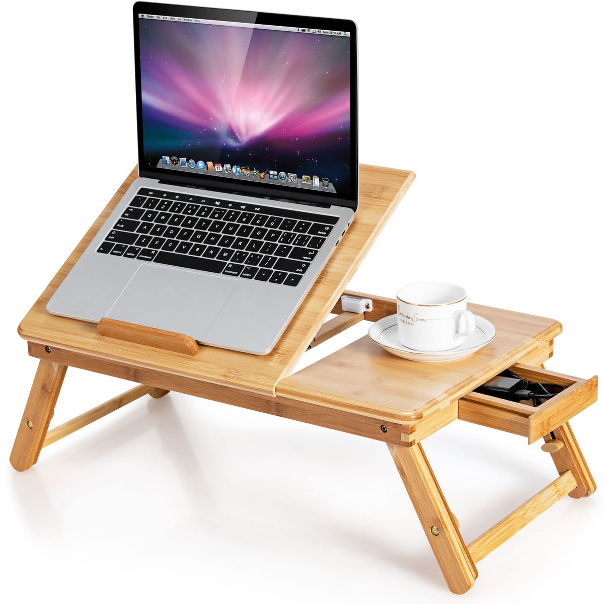 Tangkula 100% Bamboo Laptop Desk with Tilting Top & Drawer