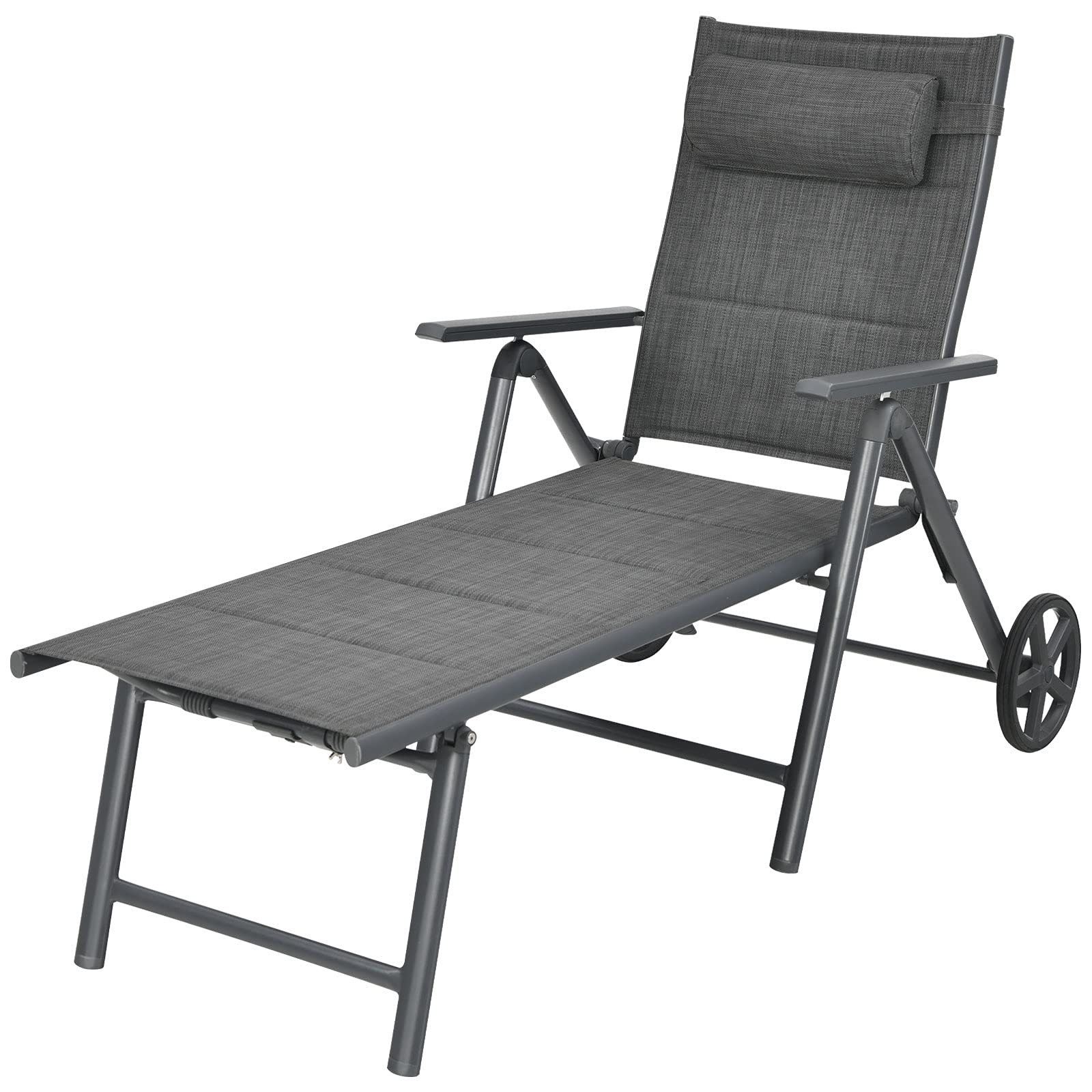 Tangkula Patio Chaise Lounge W/Wheels, Outdoor Folding Padded Lounge Chair W/ 7-Position Backrest, Removable Headrest