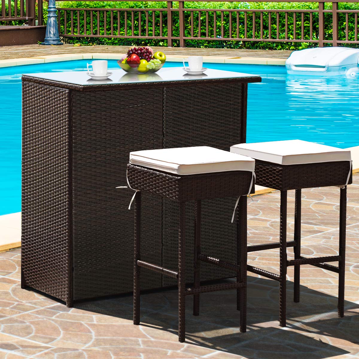 Patio Bar Set, 3 Piece Outdoor Rattan Wicker Bar Set with 2 Cushions Stools & Glass Top Table